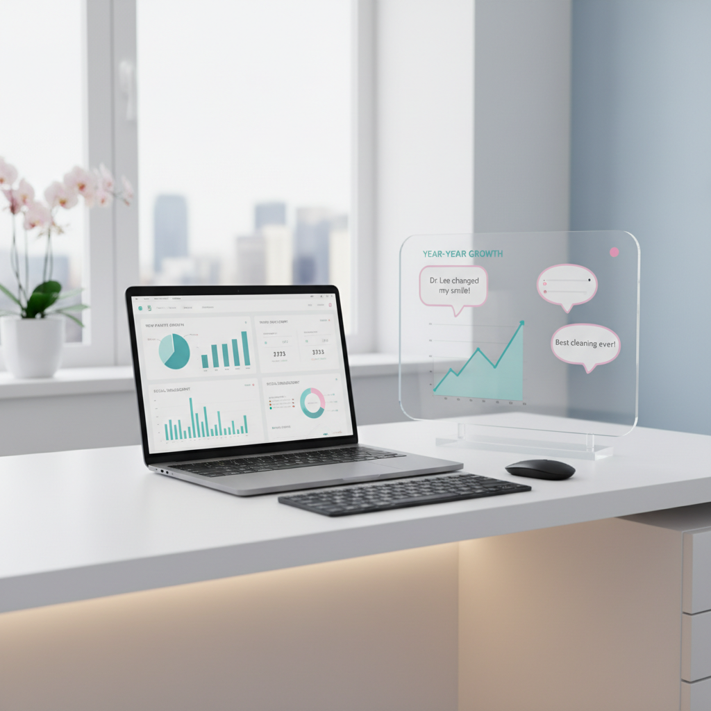 Modern dental clinic workspace with laptop, growth charts, and testimonial speech bubbles.