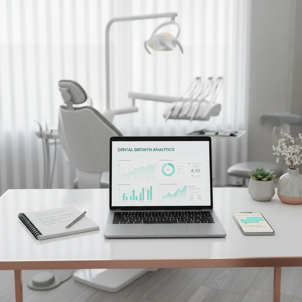 Modern dental clinic workspace with laptop, notepad, pen, and smartphone on white desk.