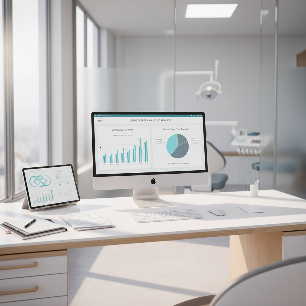 Modern dental clinic workspace with monitor displaying growth charts and digital tablet.