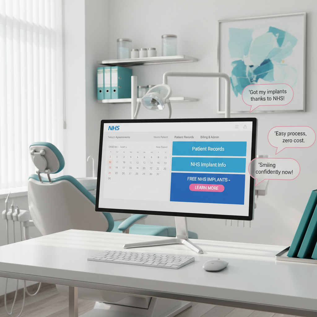 Modern dental clinic workspace with NHS dashboard, testimonial bubbles, dental chair, and organized paperwork.