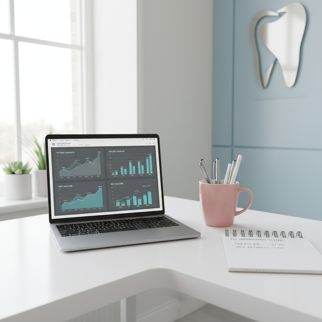 Modern dental office corner with laptop displaying marketing dashboard, notepad, pens, and pink cup.
