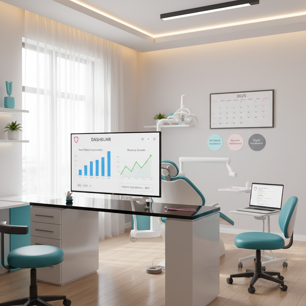 Modern dental treatment room with digital dashboard, dental chair, and appointment calendar.