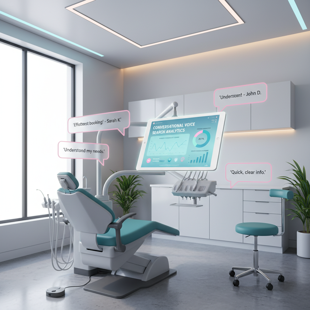 Modern dental treatment room with digital tablet displaying voice search analytics and patient charts.