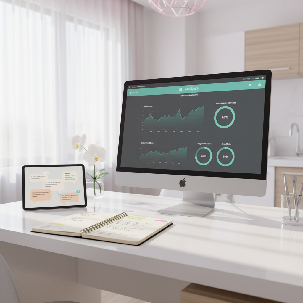 Modern dental workspace with computer, notebook, and tablet on white desk in bright office.