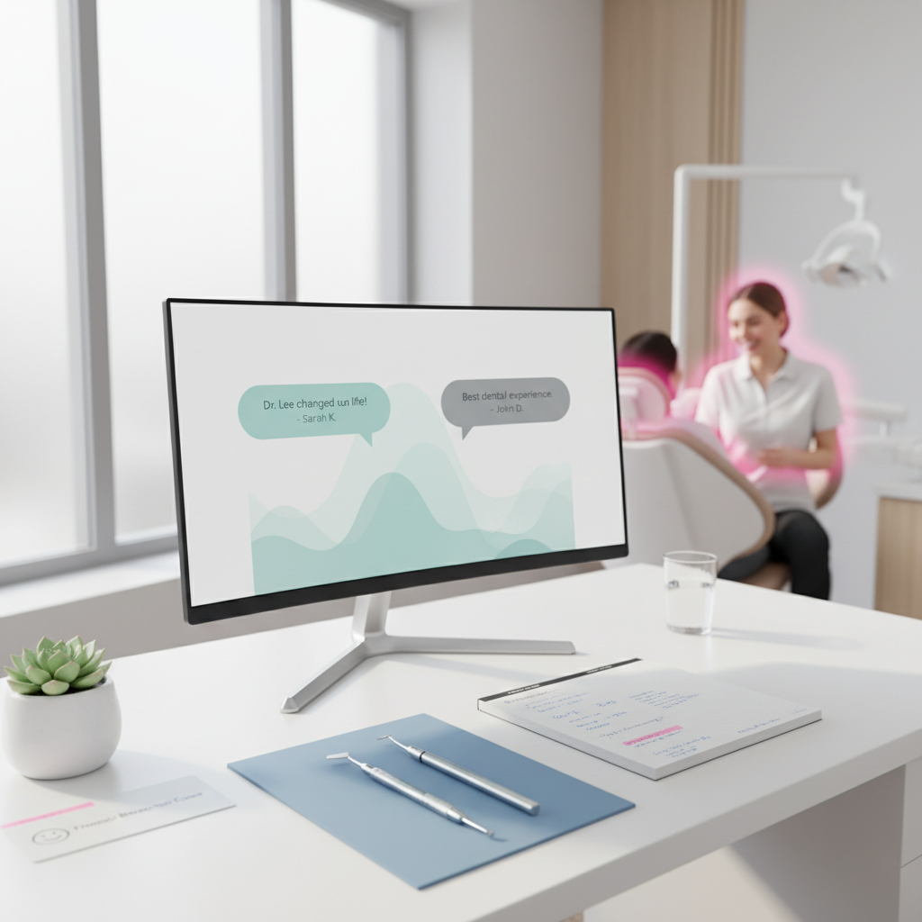 Modern dental workspace with computer, tools, notebook, and soft teal and gray accents.