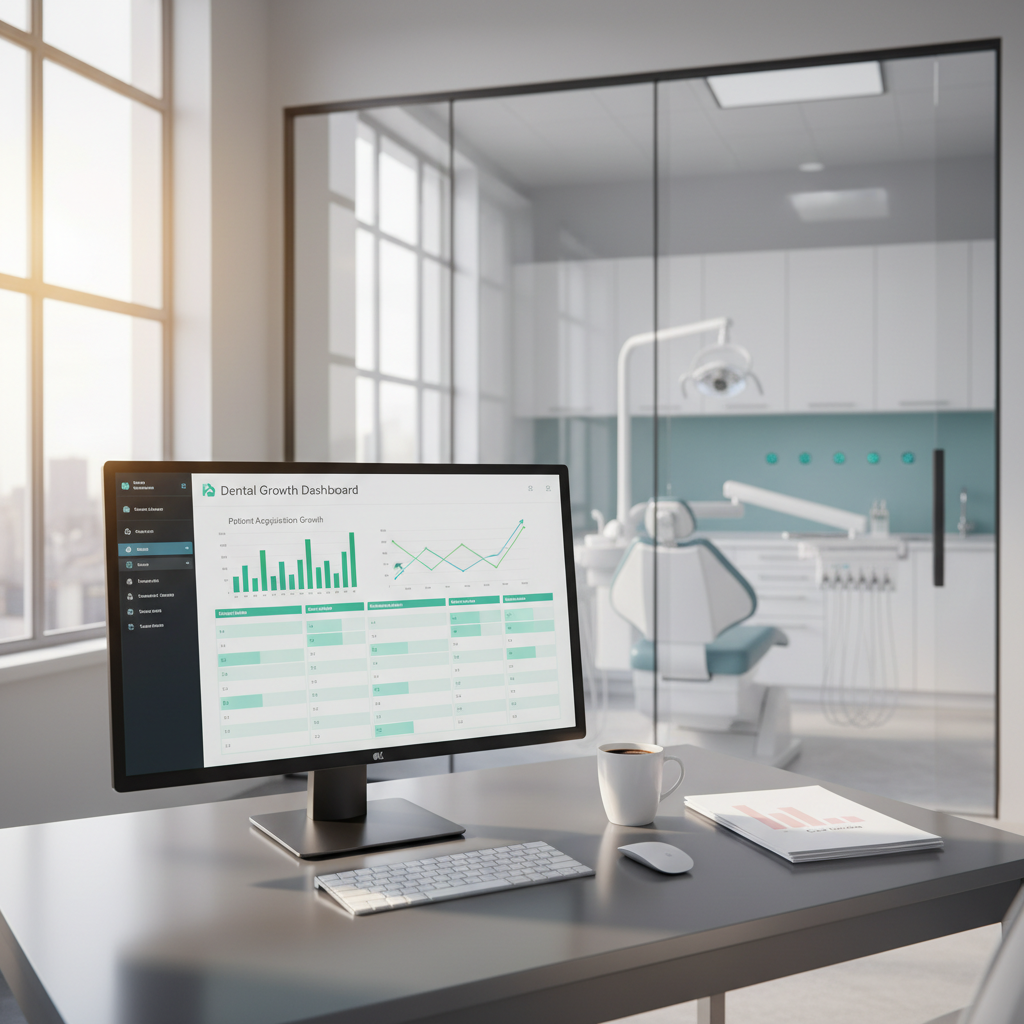 Modern dental workspace with dashboard, case studies, coffee, and treatment room in bright light.