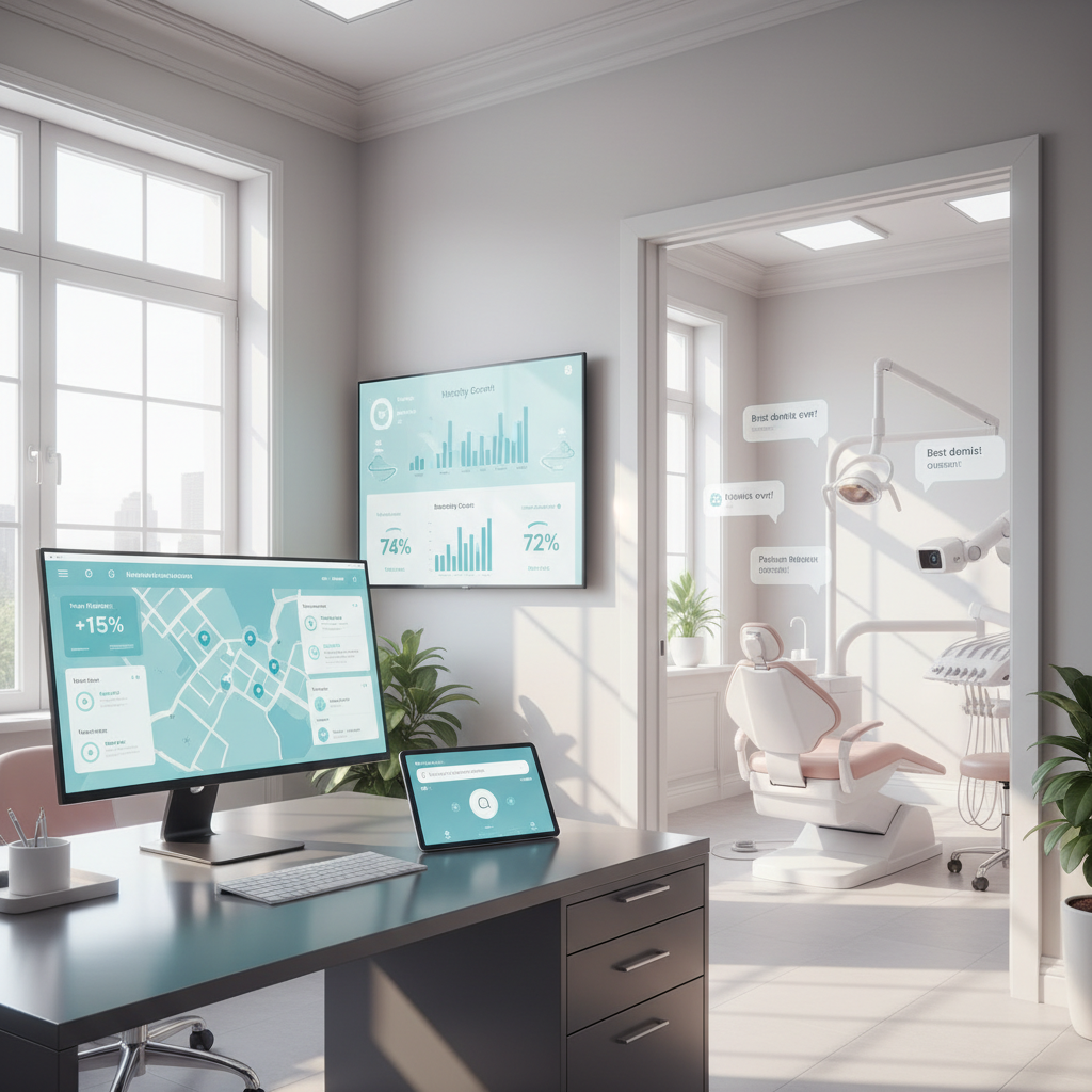Modern dental workspace with dashboards, treatment room, testimonial bubbles, and voice search.