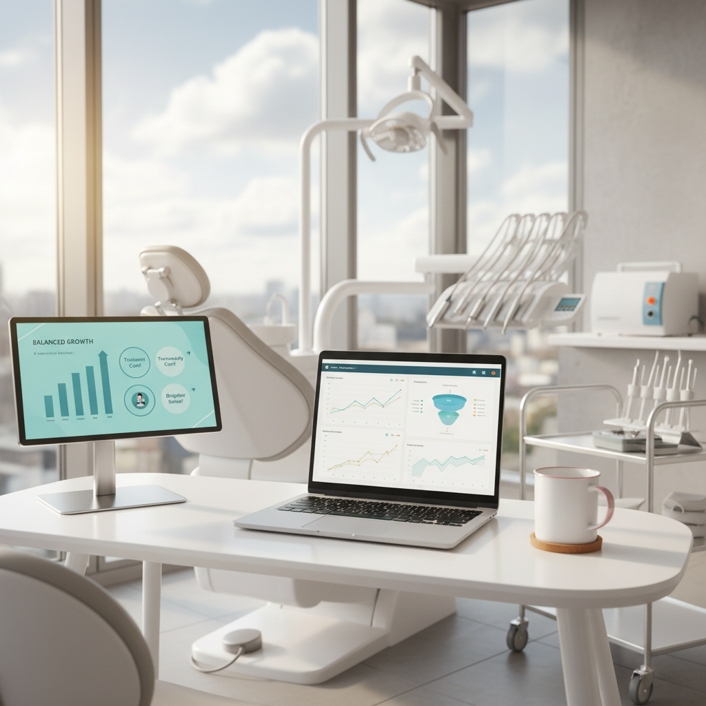 Modern dental workspace with digital dashboard, laptop, white desk, and treatment room elements in warm light.