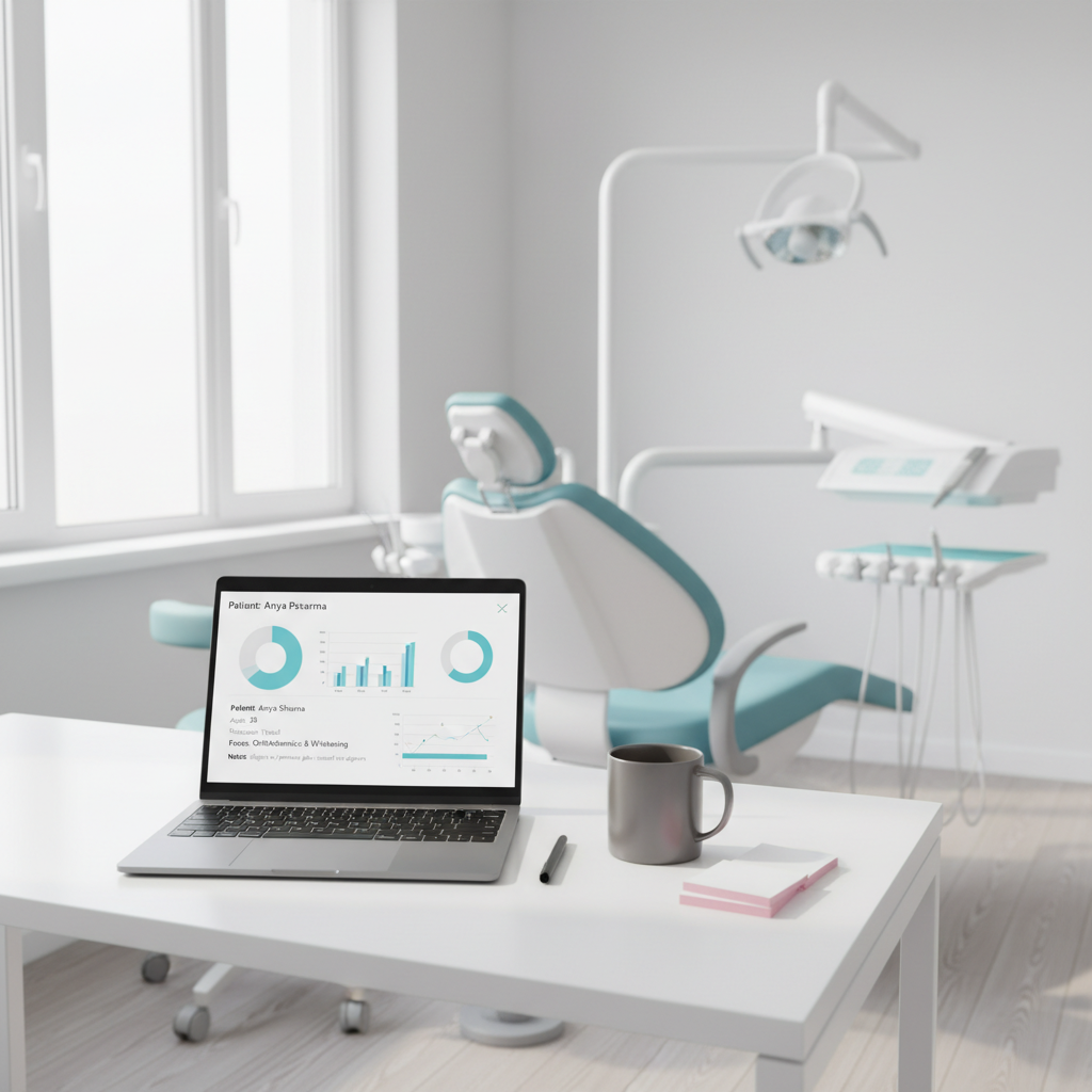 Modern dental workspace with laptop, coffee mug, pink stationery, and clean treatment room.
