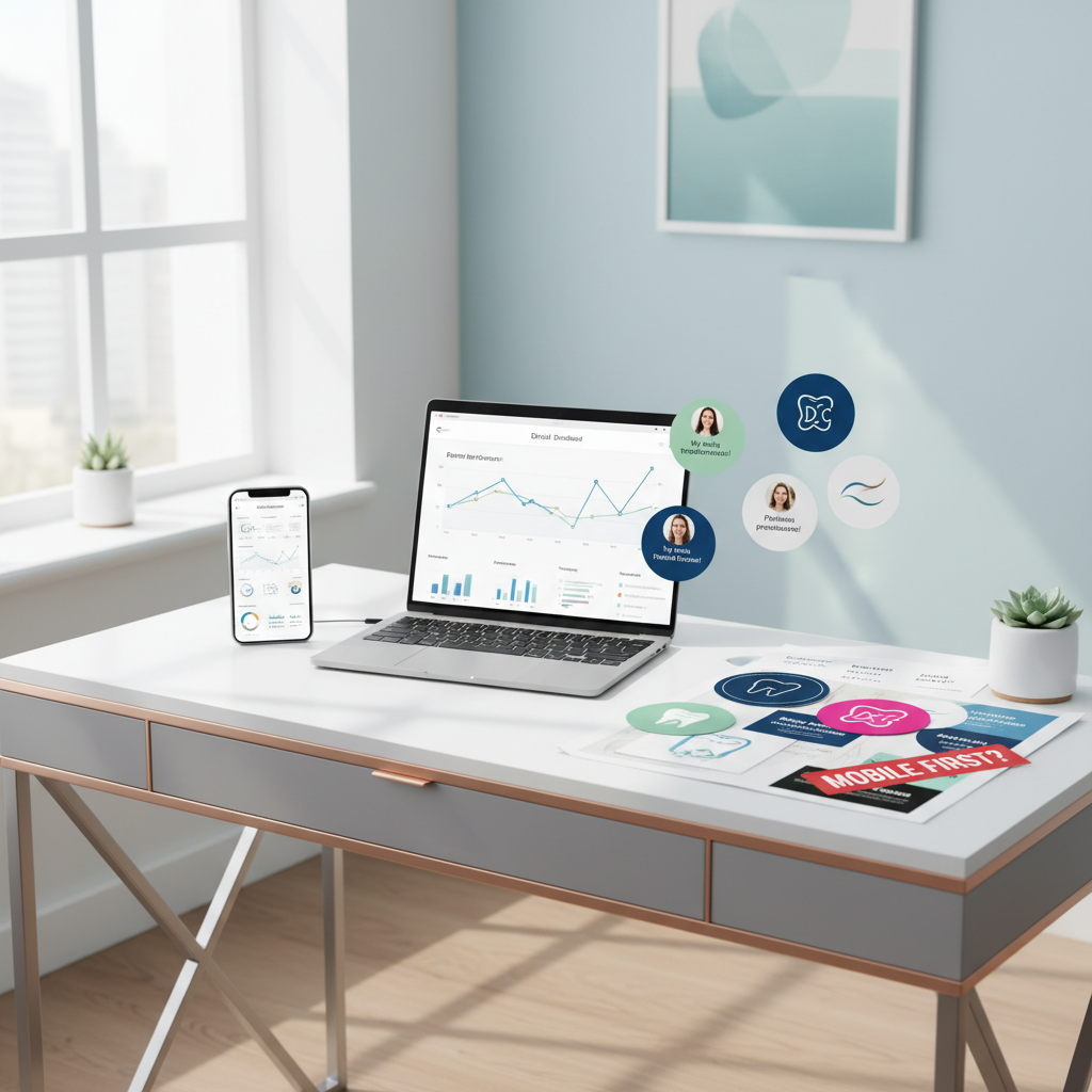 Modern dental workspace with laptop, smartphone displaying dashboards, branding materials, and design challenges.