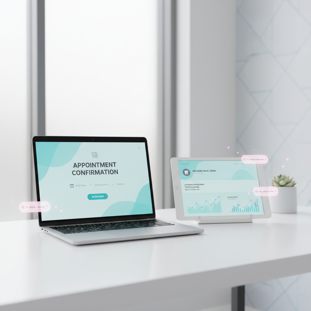 Modern dental workspace with laptop, tablet, testimonial bubbles, and growth charts on white desk.
