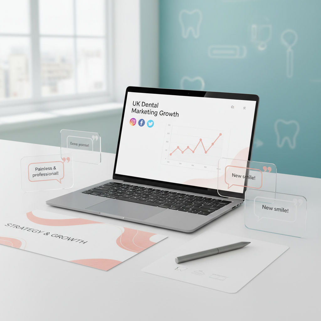 Modern dental workspace with laptop, testimonial cards, pen, on teal-blue background.