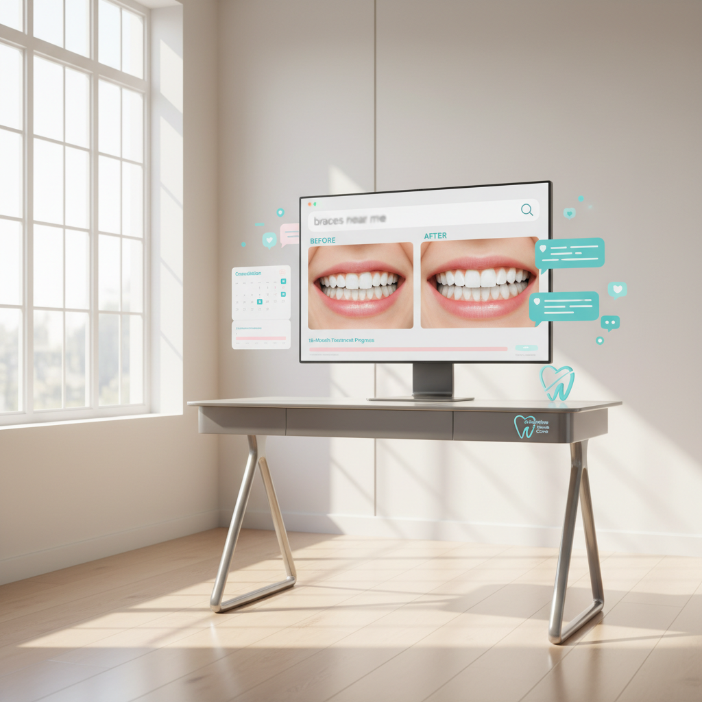 Modern orthodontic clinic with digital workspace, smile photos, review bubbles, and calendar.