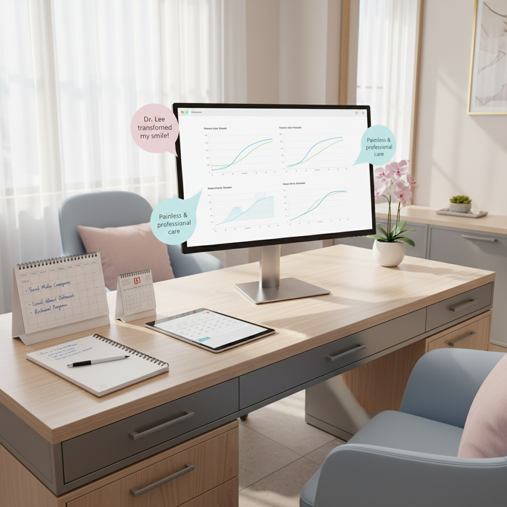 Modern orthodontic clinic workspace with computer, notes, and appointment schedule in bright, welcoming tones.