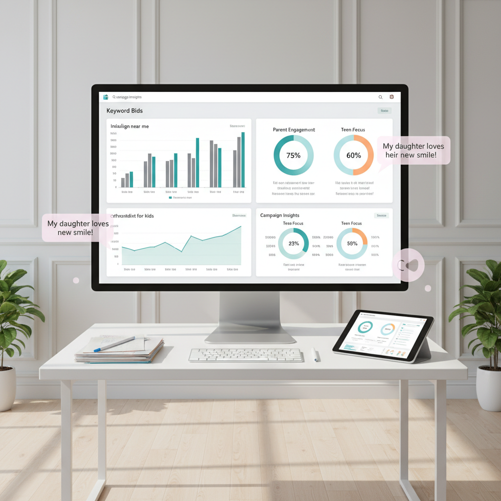 Modern orthodontic clinic workspace with monitor displaying keyword and demographic analytics.