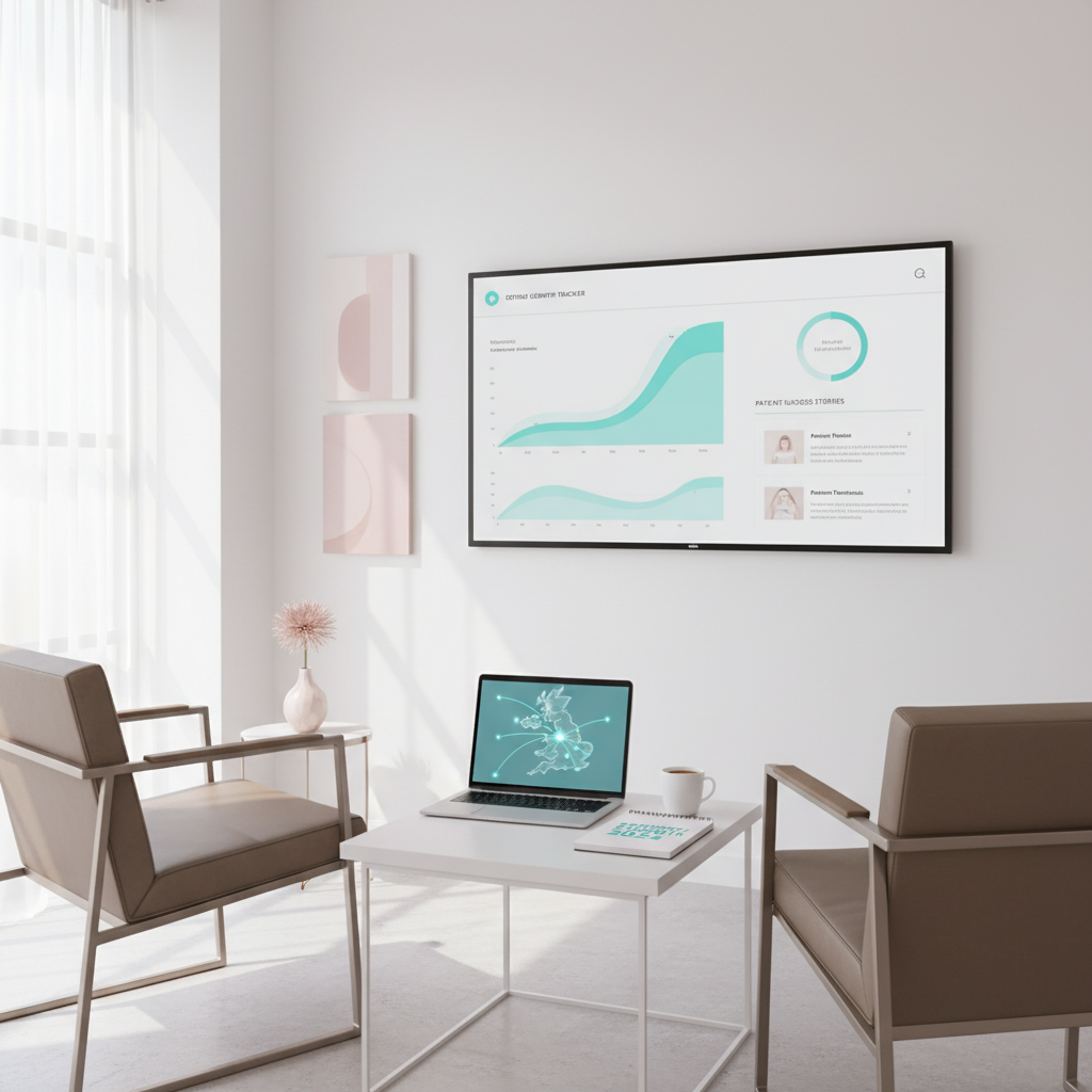 Modern orthodontic consultation room with digital dashboard, laptop, planner, and coffee setup.