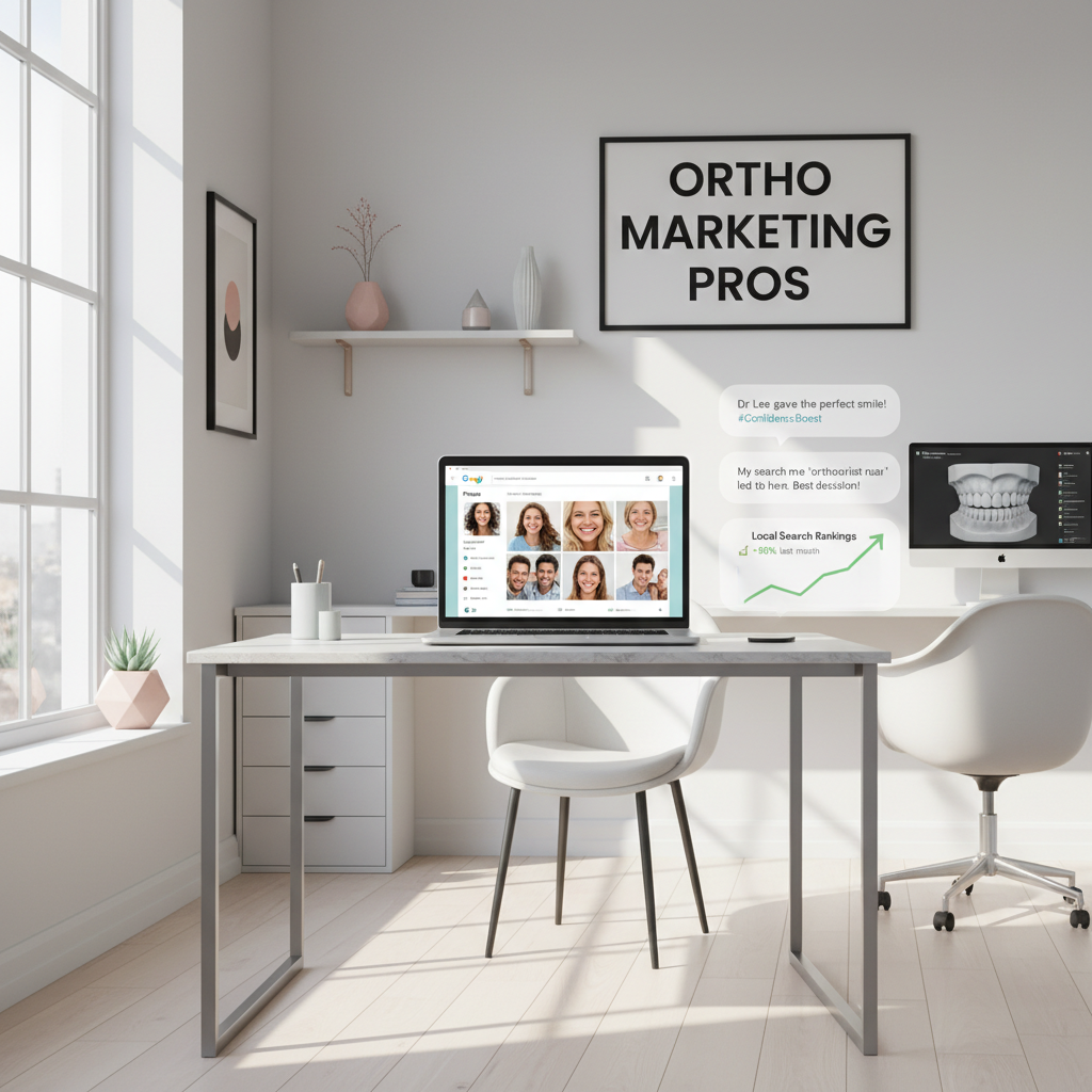 Modern orthodontic workspace with laptop displaying Google Business Profile, growth chart, and patient photos.
