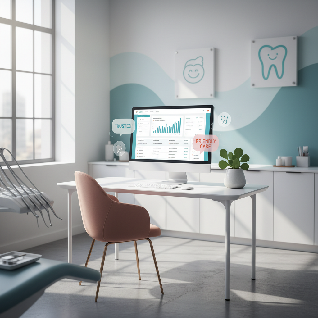 Modern pediatric dental clinic workspace with SEO dashboard on computer screen, warm accents, and decor.