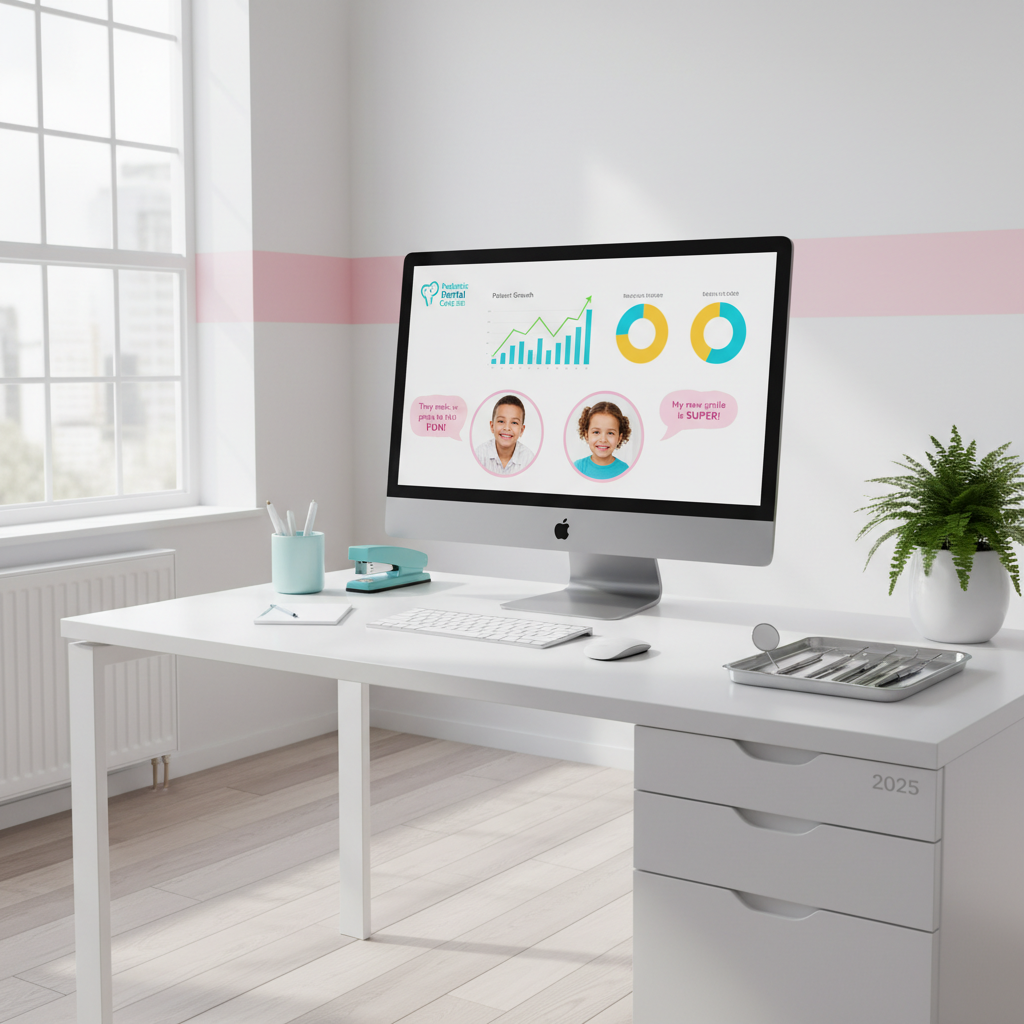 Modern pediatric dental workspace with computer displaying dental dashboard, smiling child testimonials, and organized tools.