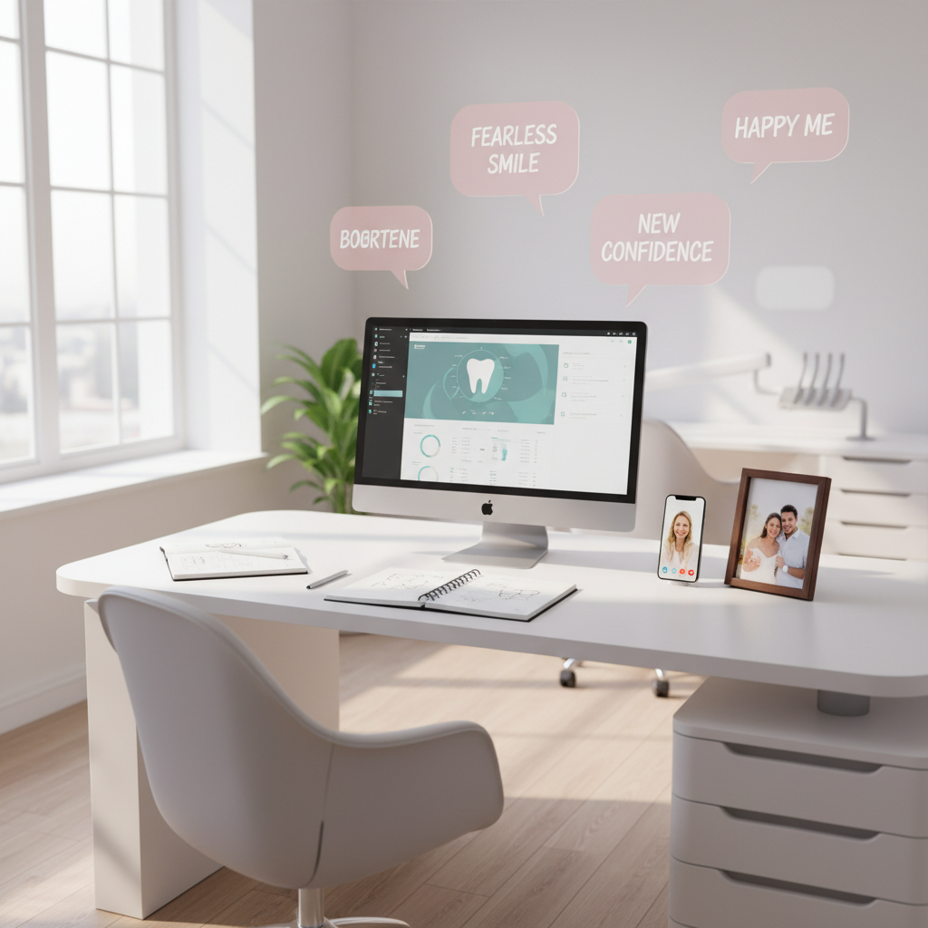 Modern dental clinic scene with computer, notebooks, wedding photo, and testimonial bubbles.