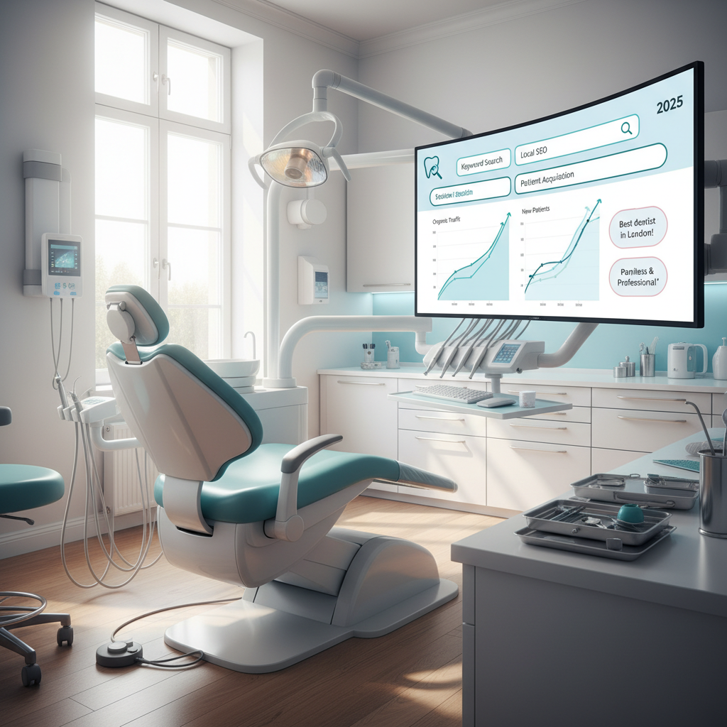 Modern dental clinic treatment room with digital workspace displaying SEO analytics and growth charts.