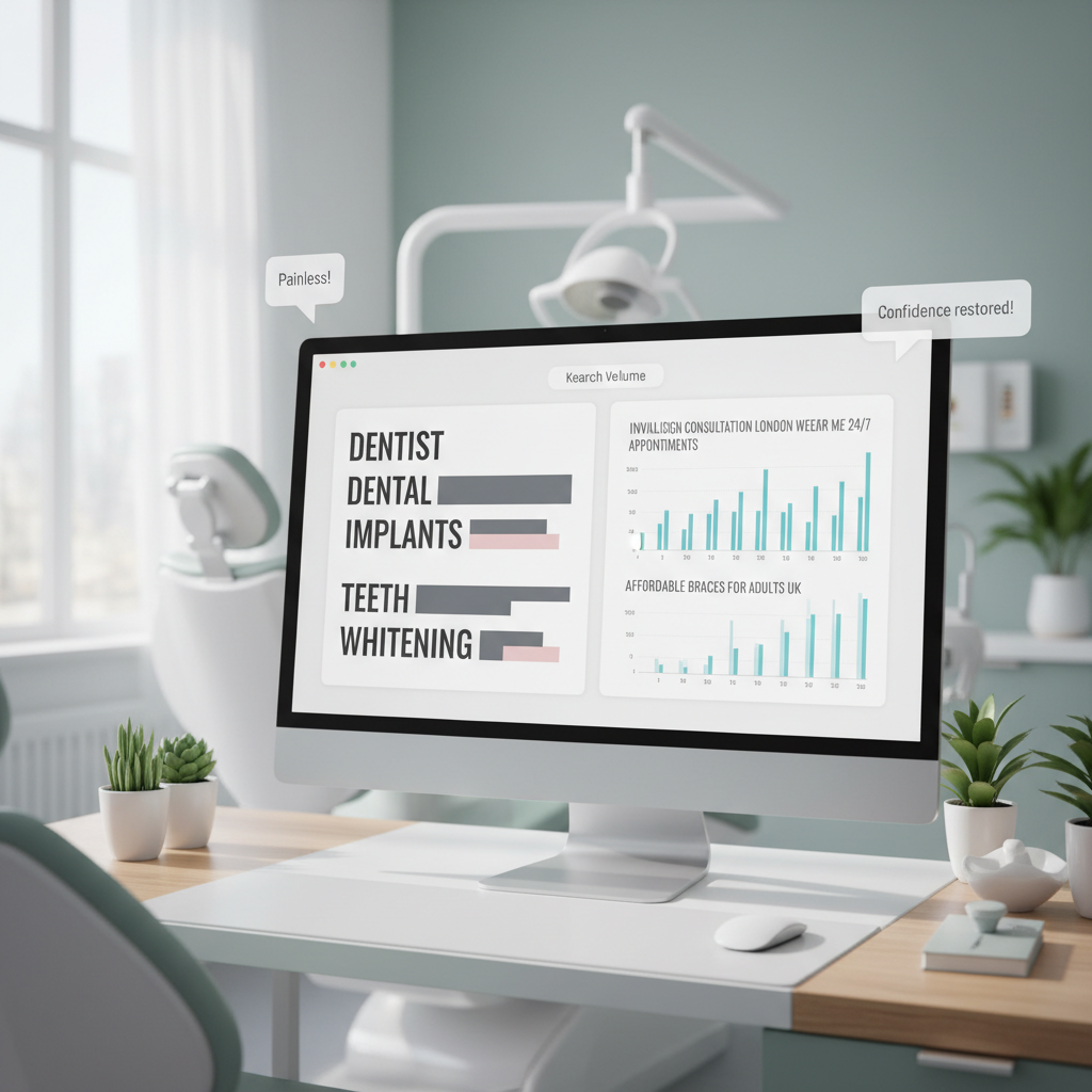 Modern dental clinic workspace with a computer displaying keyword data dashboards and clinical decor.