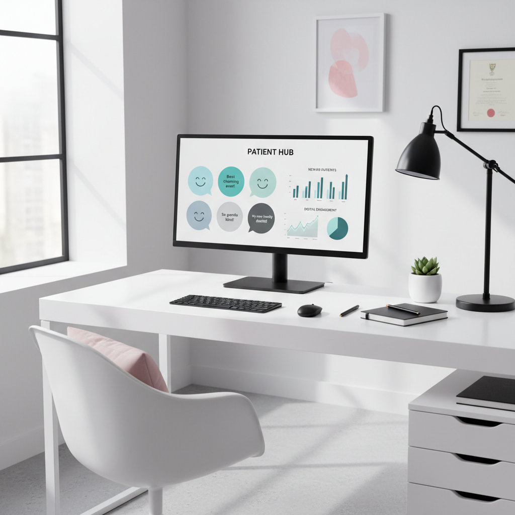 Modern dental clinic workspace with computer displaying dashboards, testimonial bubbles, and growth charts.