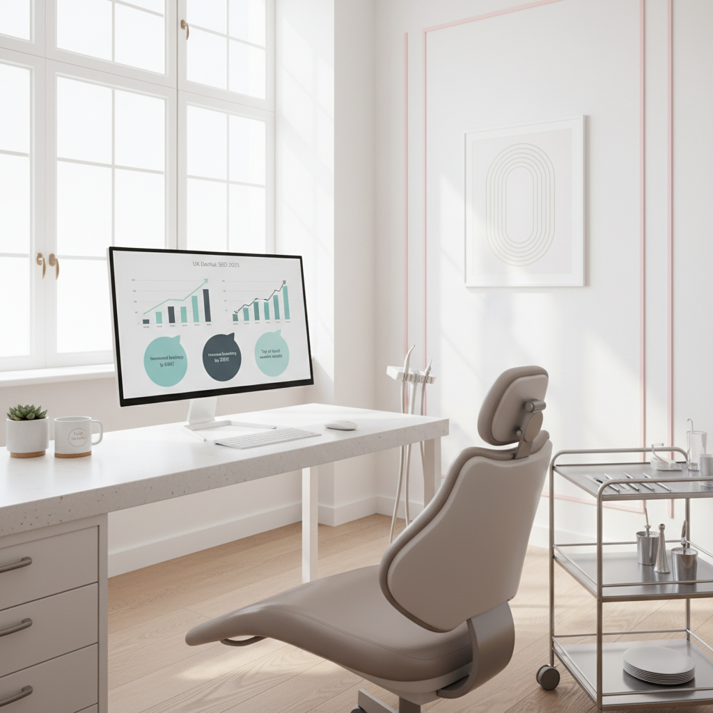 Modern dental clinic workspace with computer displaying growth charts and testimonial bubbles.