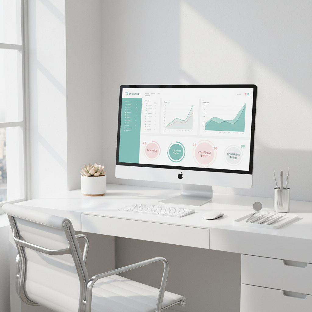 Modern dental clinic workspace with computer displaying dental dashboard, tools, and decor.