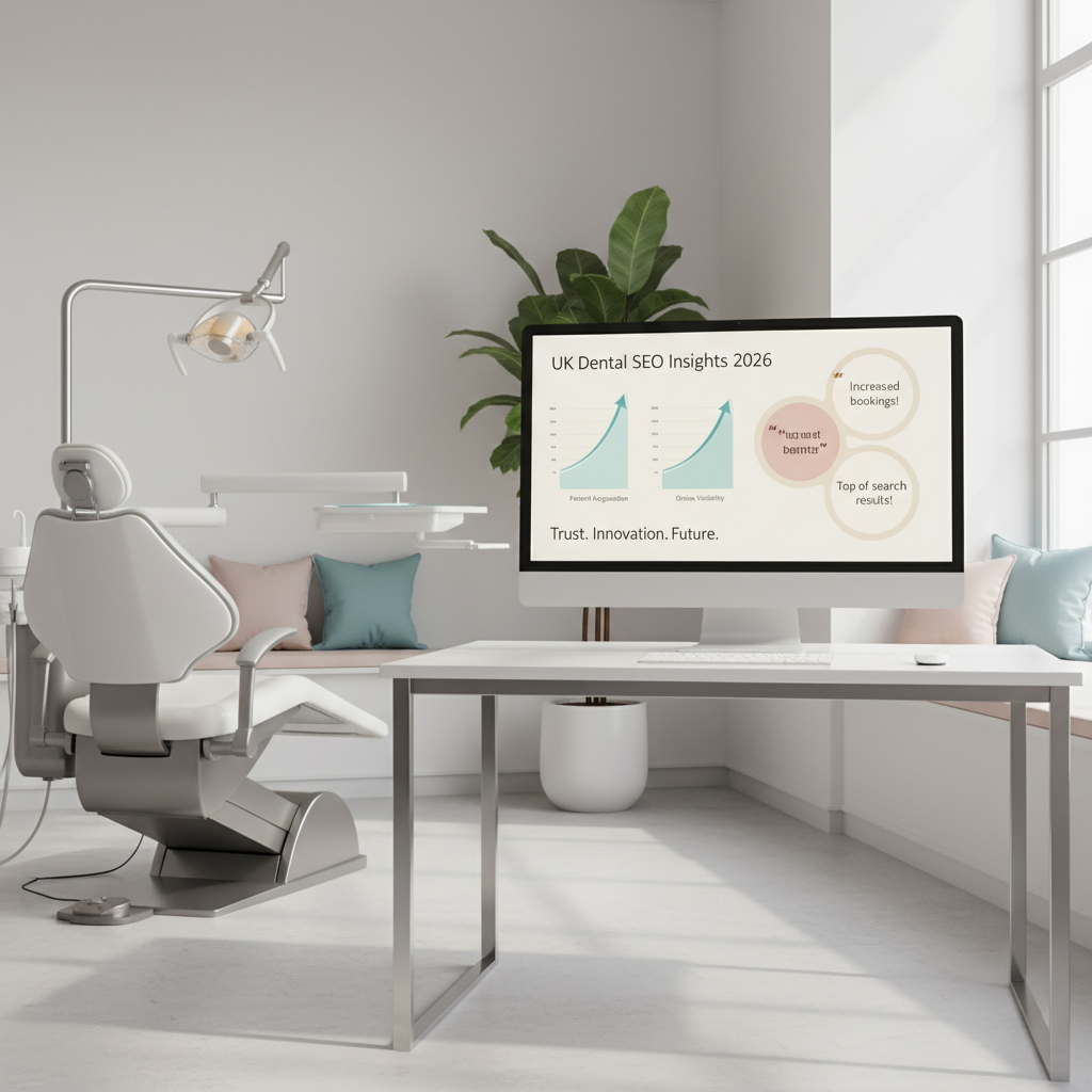 Modern dental clinic workspace with computer displaying dental dashboard, dental chair, and plant accents.