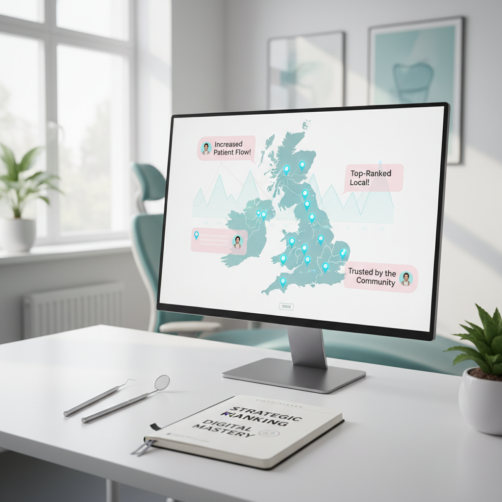 Modern dental clinic workspace with computer showing UK map, growth charts, and dental tools.