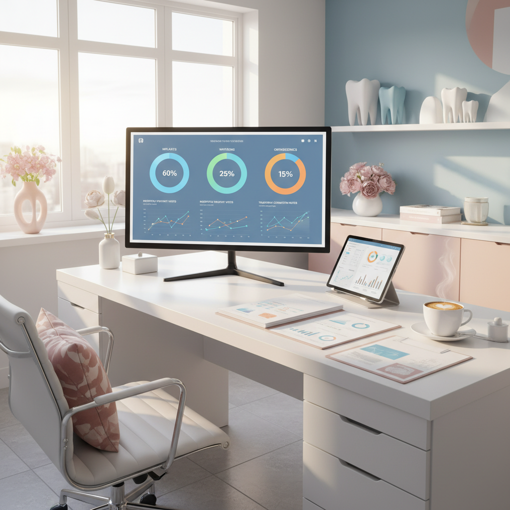 Modern dental clinic workspace with computer, tablet, patient files, and warm lighting.