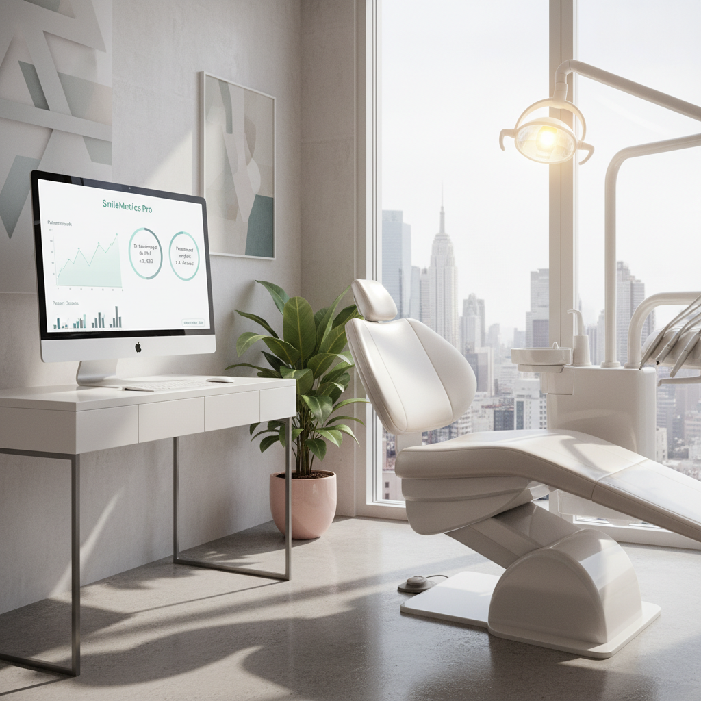 Modern dental clinic workspace with computer, treatment chair, and warm lighting in city setting.