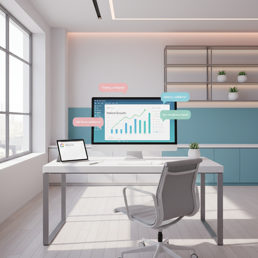 Modern dental clinic workspace with digital dashboard, calendar, mirror, and chair in bright, clean setting.