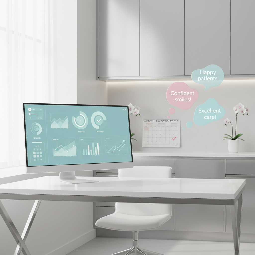 Modern dental clinic workspace with digital dashboard, calendar, testimonial bubbles, and clean design.