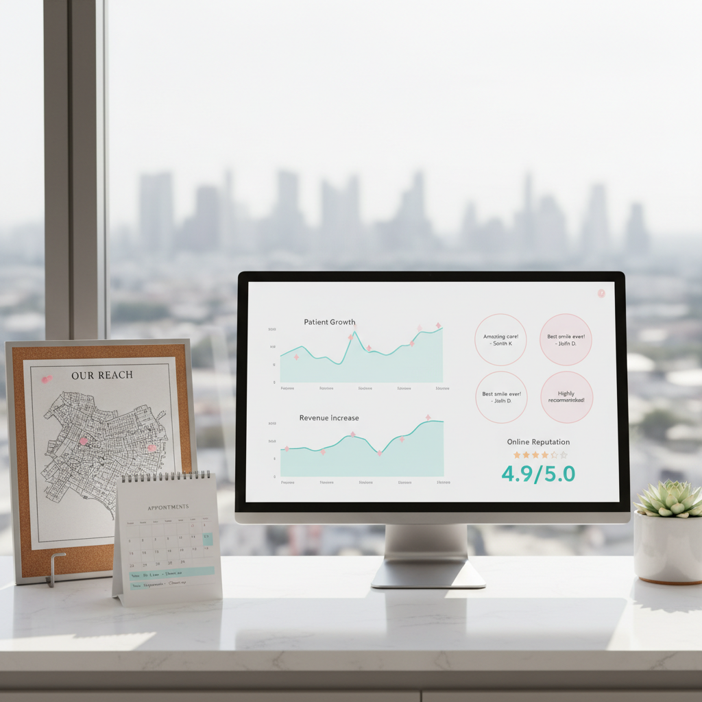 Modern dental clinic workspace with digital dashboard, local map, calendar, and city view.