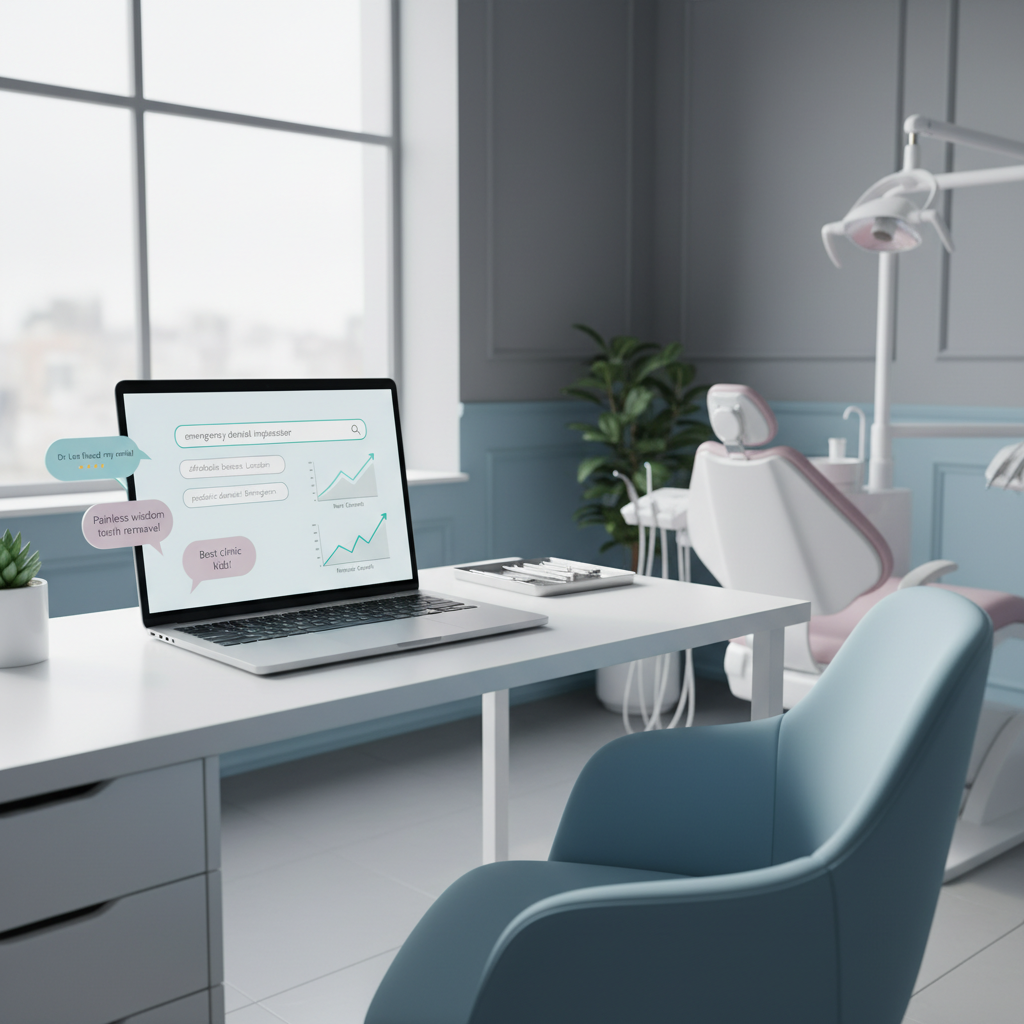 Modern dental clinic workspace with laptop displaying dental dashboard, growth charts, and testimonials.