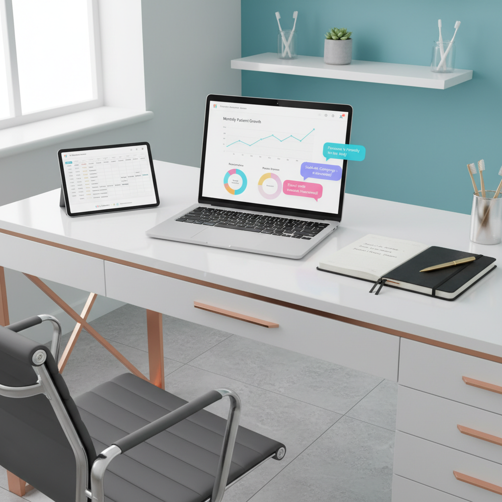 Modern dental clinic workspace with laptop, tablet, notepad, and clinical decor in soft tones.
