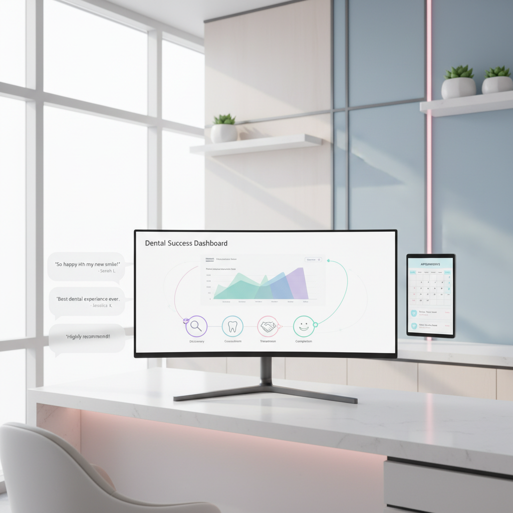 Modern dental clinic workspace with marketing dashboard, testimonial bubbles, and appointment calendar.