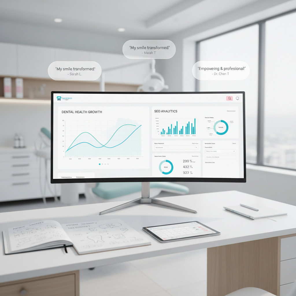 Modern dental clinic workspace with monitor displaying growth charts, notebooks, and testimonial bubbles.