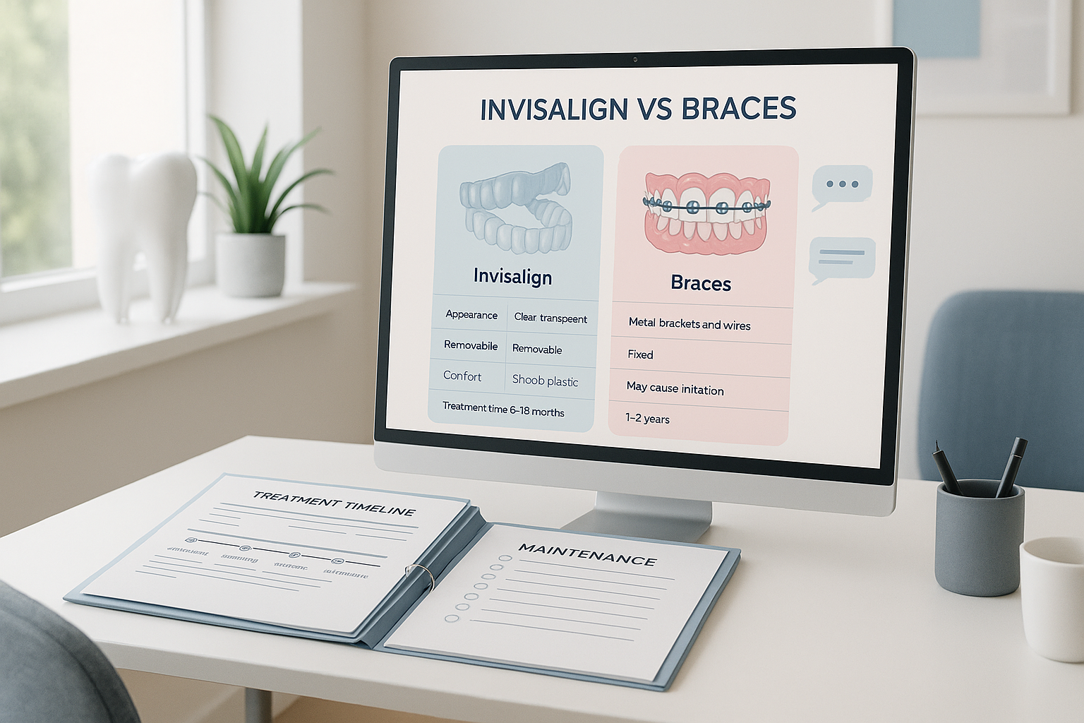 Modern dental consultation room with digital charts, organized desk, and soft testimonial bubbles.