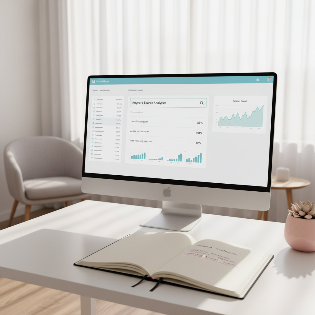 Modern dental consultation room with digital dashboard, notes, and soft pink accents.