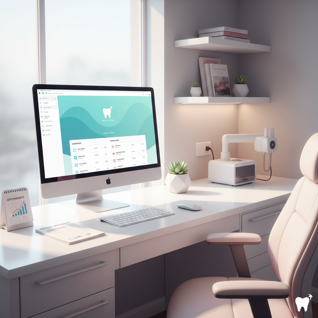 Modern dental office workspace with computer, calendars, growth charts, and warm lighting.