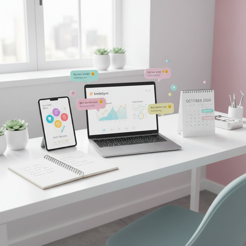 Modern dental office workspace with laptop, notebook, tablet, and calendar in bright, airy setting.