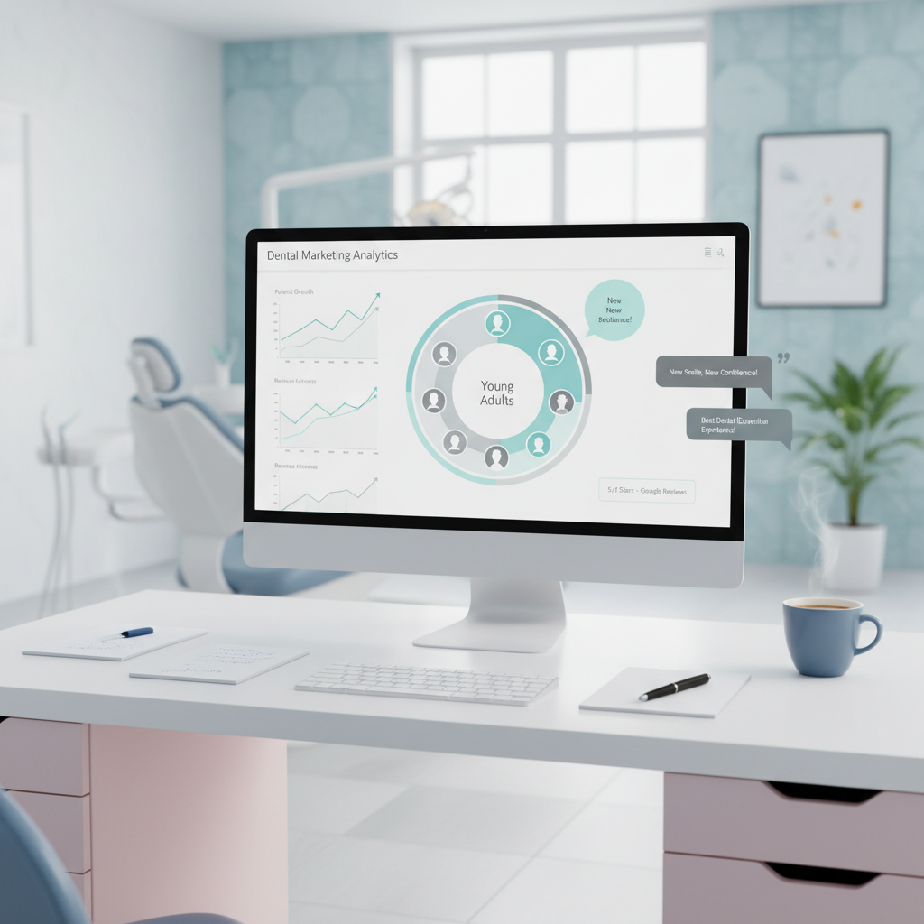 Modern dental workspace with a dashboard, notes, and coffee in a bright, clean clinic setting.