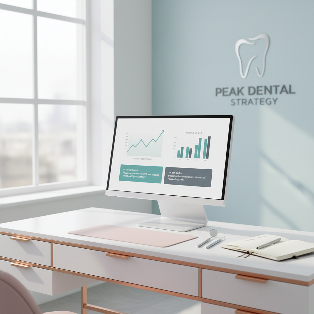 Modern dental workspace with computer dashboard, dental tools, planner, and calming blue wall.