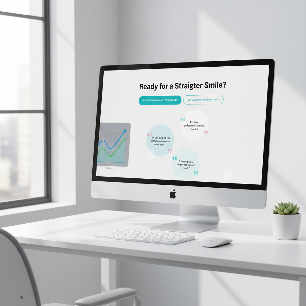 Modern dental workspace with computer displaying a booking dashboard, testimonials, and growth charts.