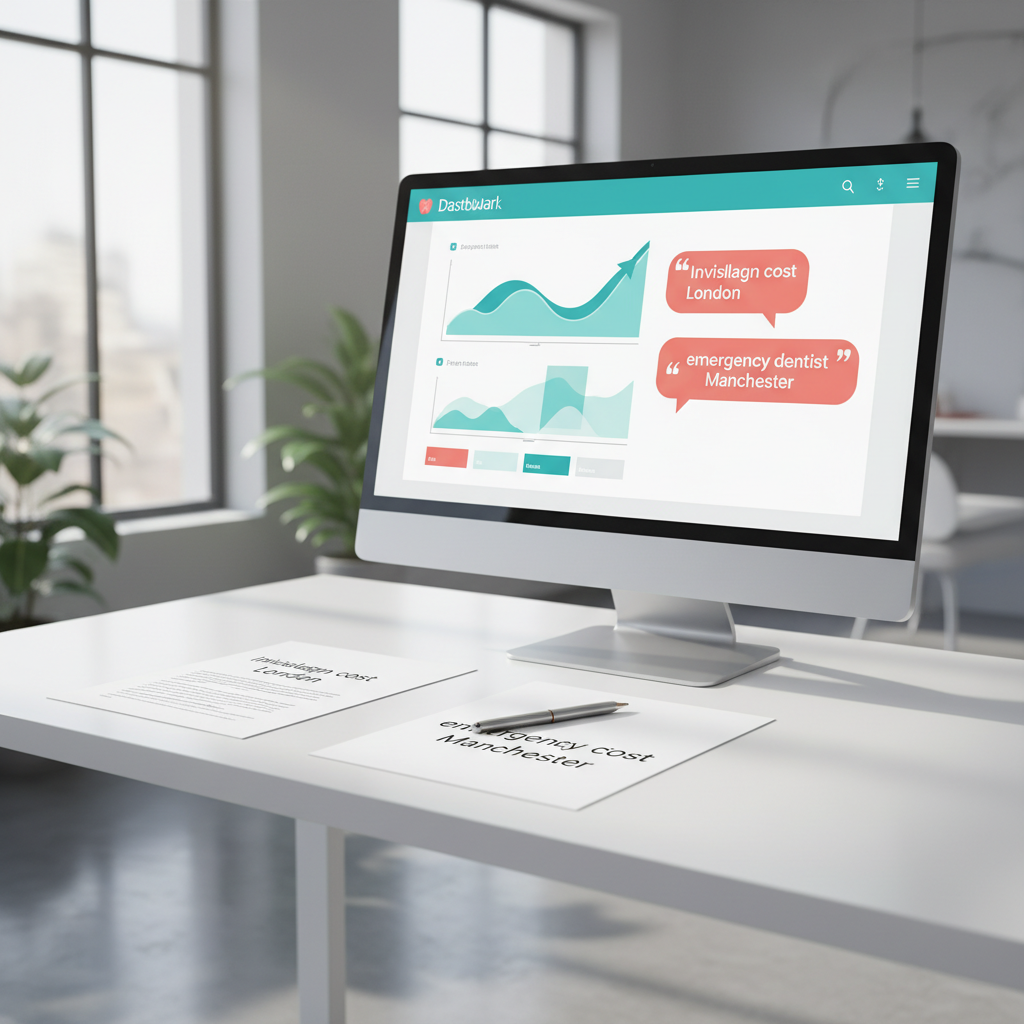 Modern dental workspace with computer displaying growth charts and patient search phrases.