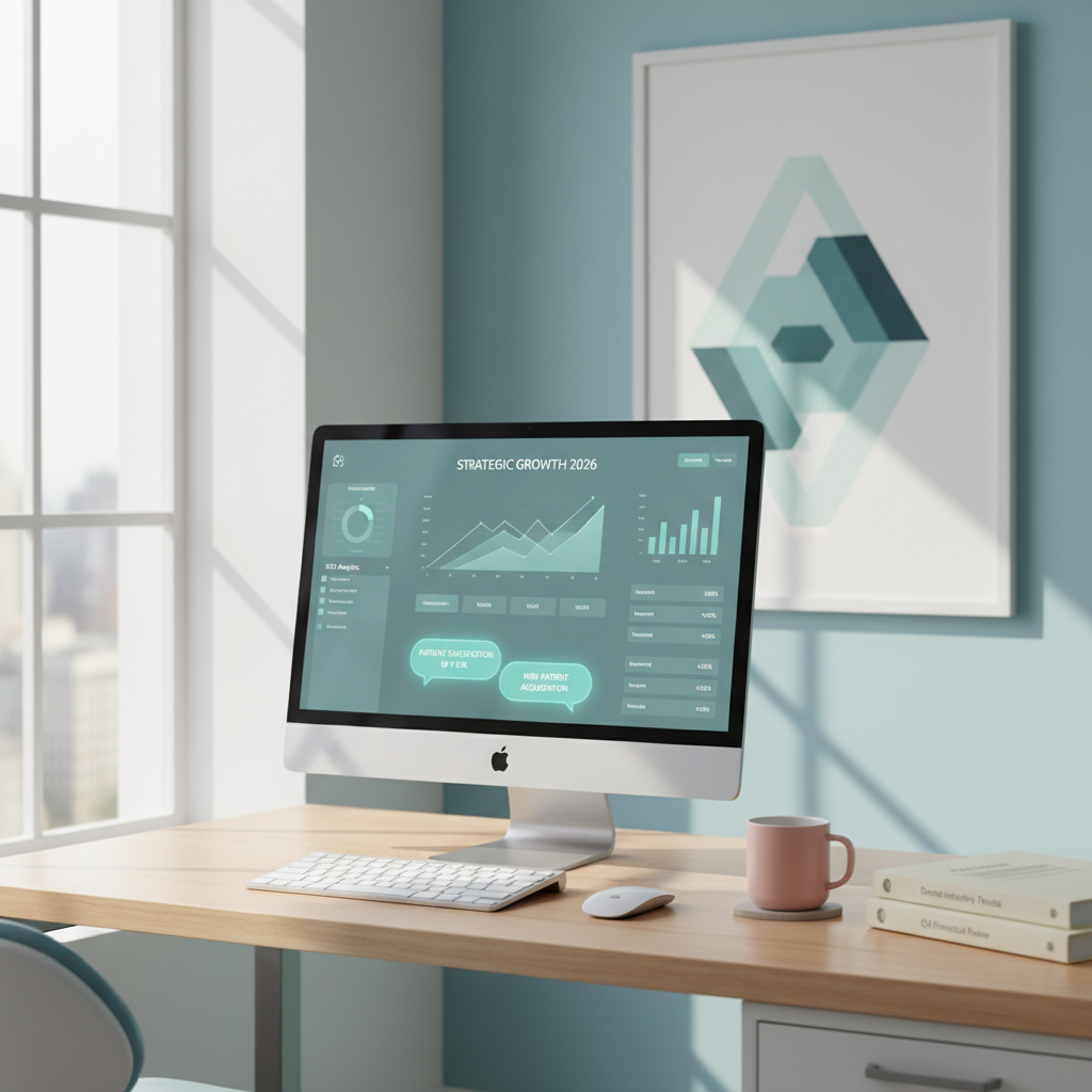Modern dental workspace with computer displaying growth charts, reports, and glowing testimonial bubbles.