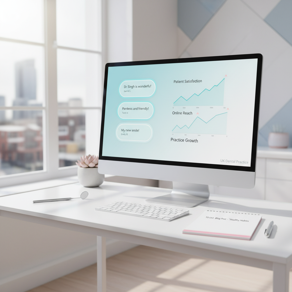 Modern dental workspace with computer displaying testimonials and growth charts in calming tones.